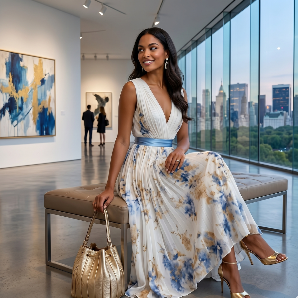 Women's Floral Print Midi Dress – Blue and White Ceremony Style