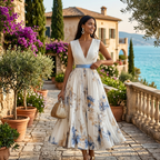 Women's Floral Print Midi Dress – Blue and White Ceremony Style