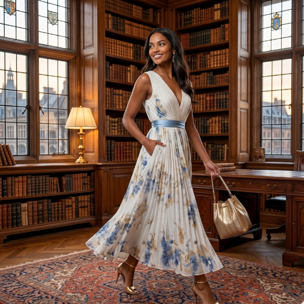 Women's Floral Print Midi Dress – Blue and White Ceremony Style
