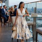 Women's Floral Print Midi Dress – Blue and White Ceremony Style