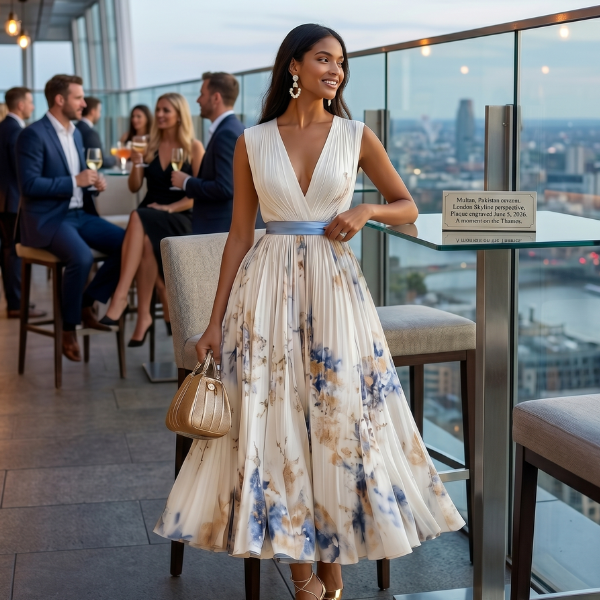 Women's Floral Print Midi Dress – Blue and White Ceremony Style