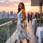 Women's Floral Print Midi Dress – Blue and White Ceremony Style