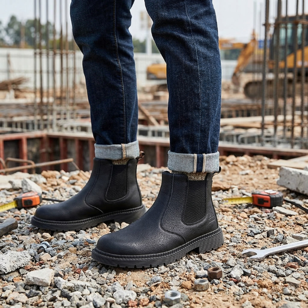 Men’s Slip on Leather Safety Work Boots - Heavy Duty Steel Toe Cap Site Footwear