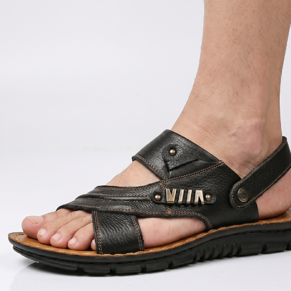 Men's Leather Open-Toe Sandals - Adjustable Back Strap Slip On Shoes