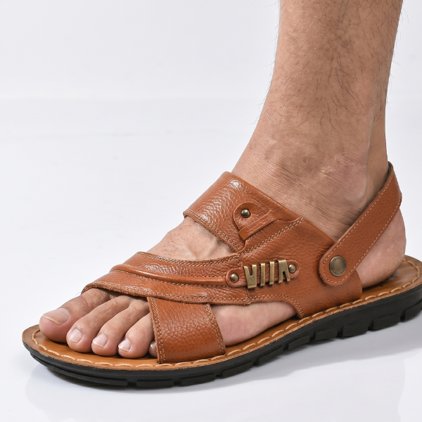 Men's Leather Open-Toe Sandals - Adjustable Back Strap Slip On Shoes