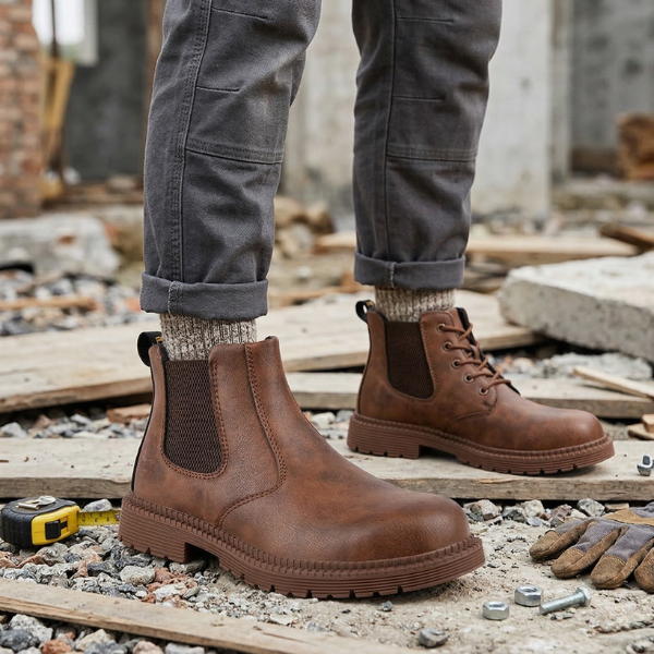 Men’s Slip on Leather Safety Work Boots - Heavy Duty Steel Toe Cap Site Footwear