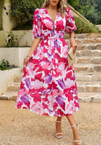 Women's Floral Print Midi Dress – Puff Sleeve Design