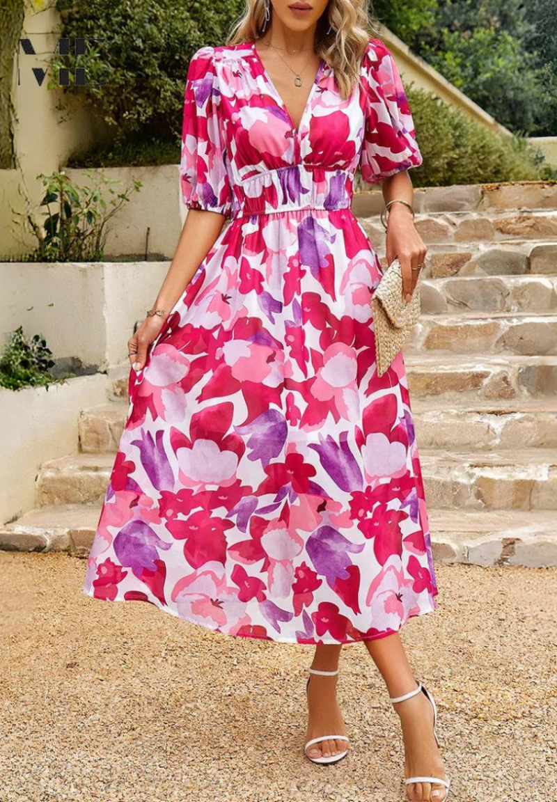 Women's Floral Print Midi Dress – Puff Sleeve Design