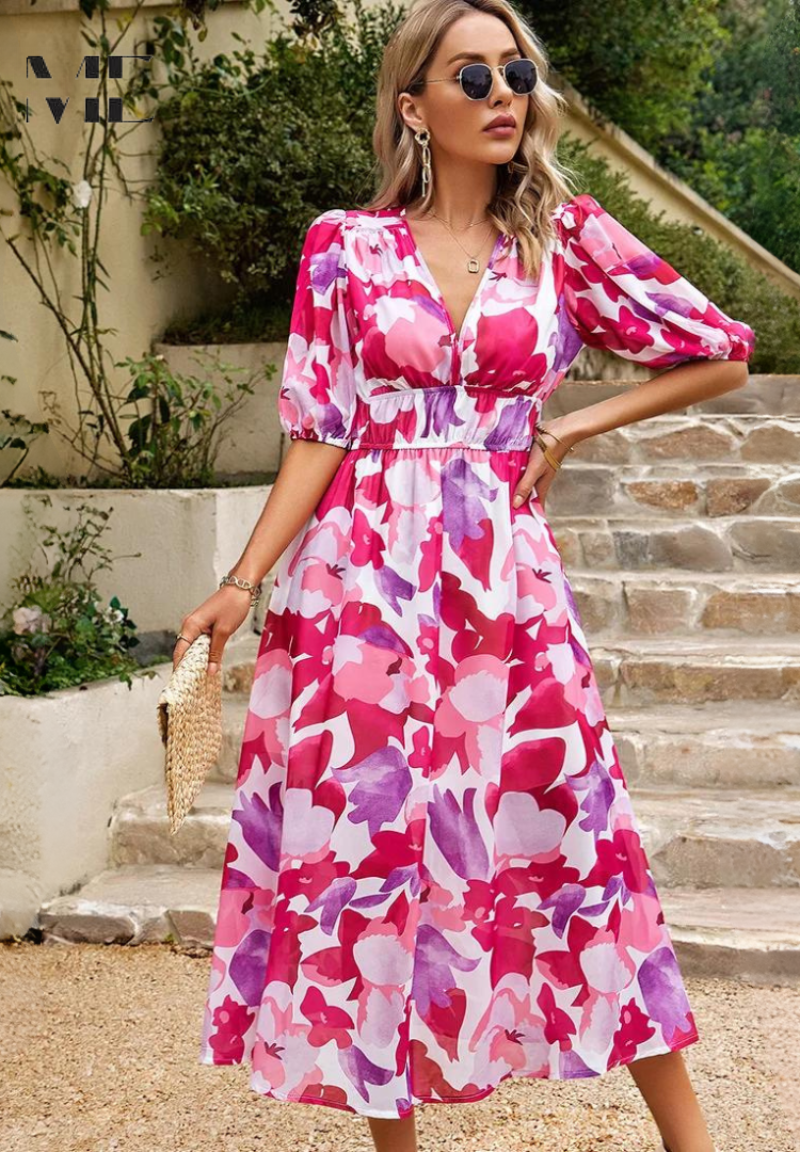 Women's Floral Print Midi Dress – Puff Sleeve Design