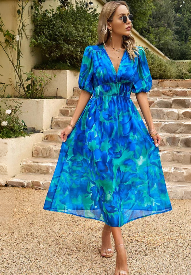 Women's Floral Print Midi Dress – Puff Sleeve Design