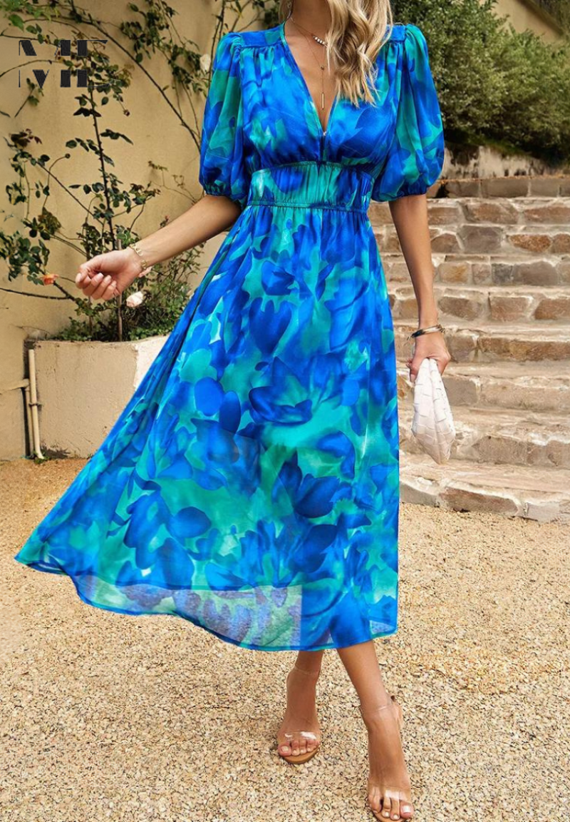Women's Floral Print Midi Dress – Puff Sleeve Design