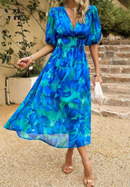 Women's Floral Print Midi Dress – Puff Sleeve Design