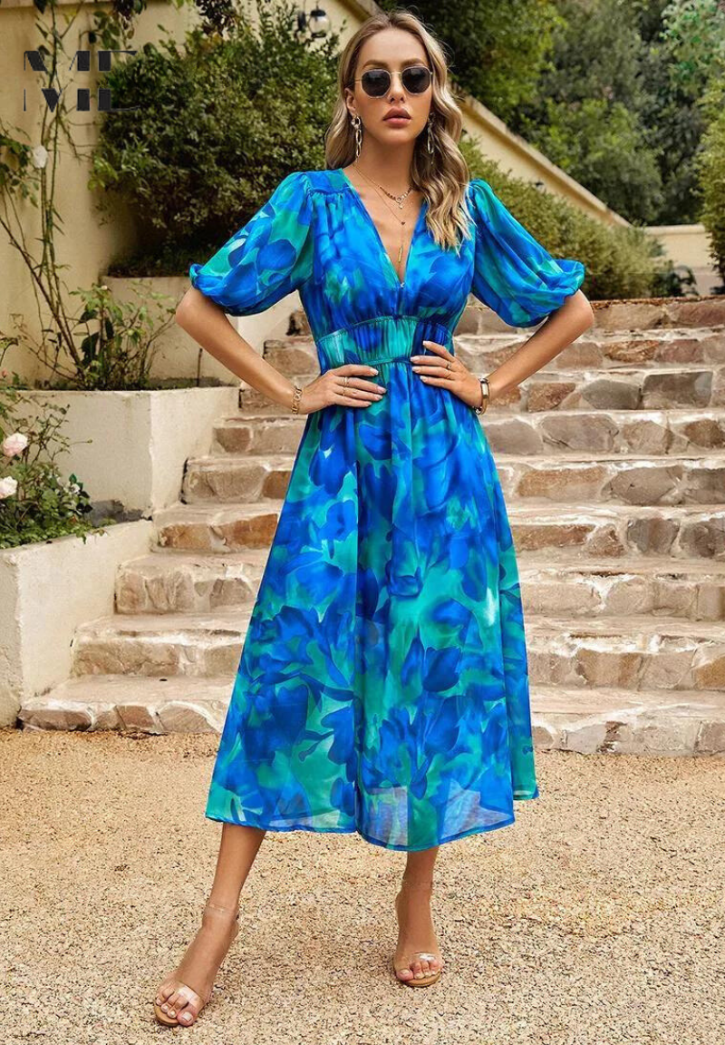 Women's Floral Print Midi Dress – Puff Sleeve Design