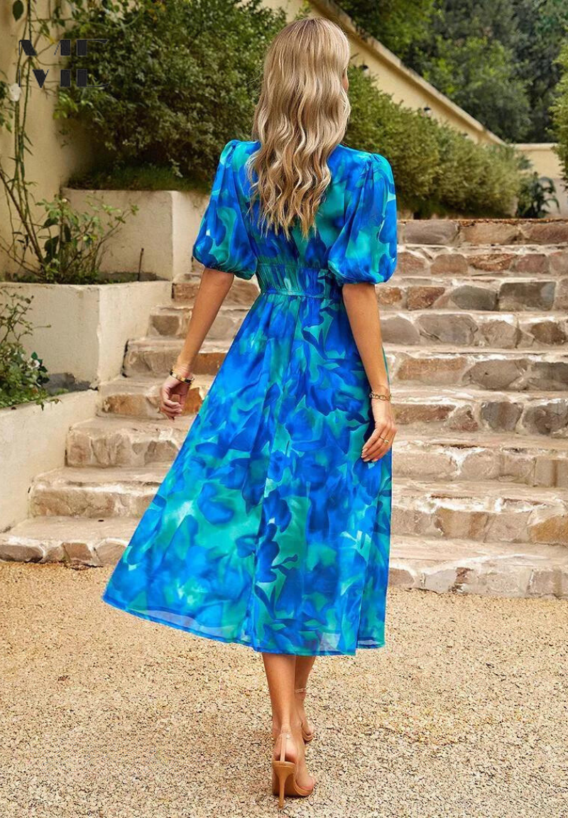 Women's Floral Print Midi Dress – Puff Sleeve Design