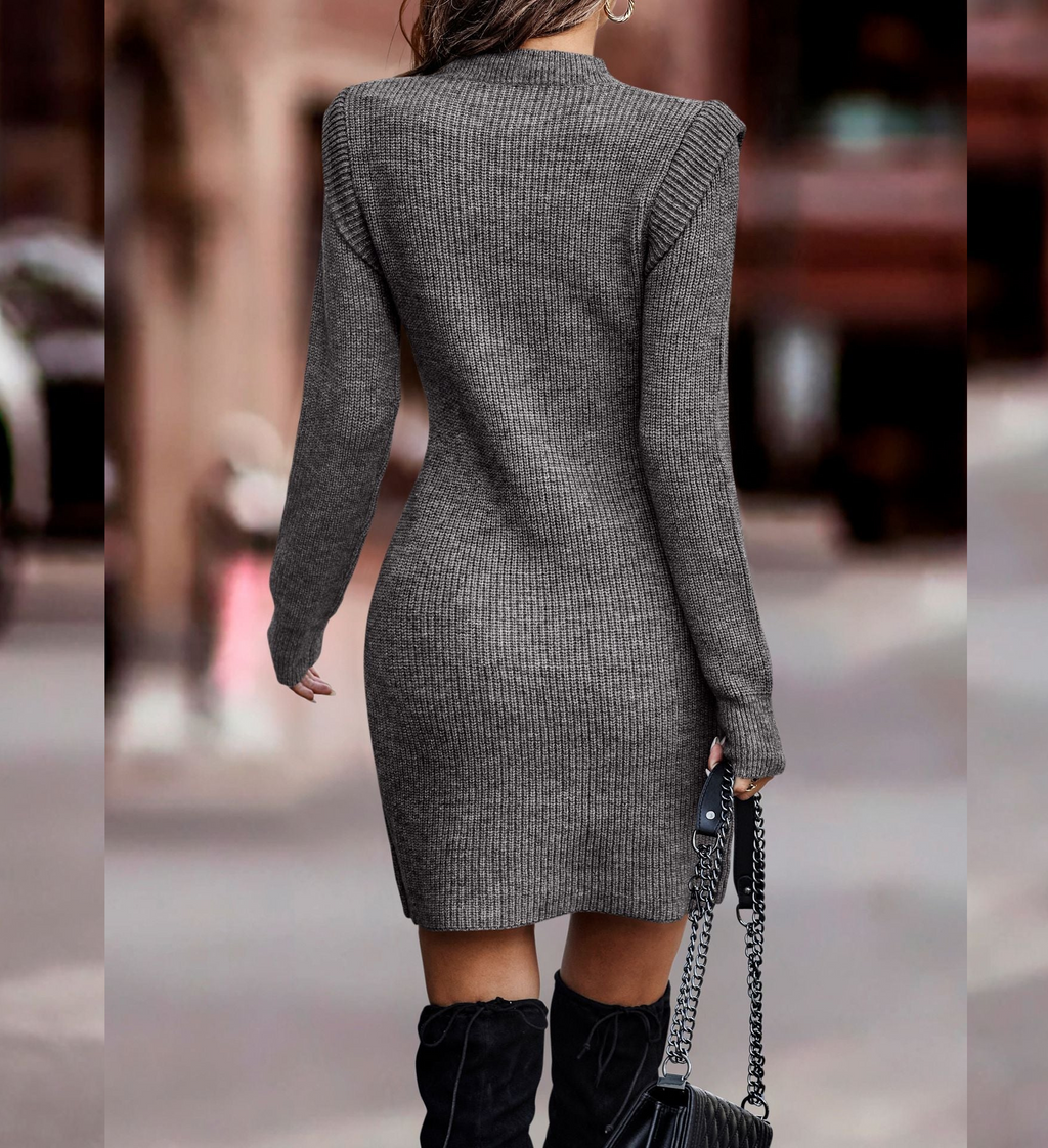 Women's Ribbed Bodycon Jumper Dress, Long Sleeve Structured Shoulder Knit Dress