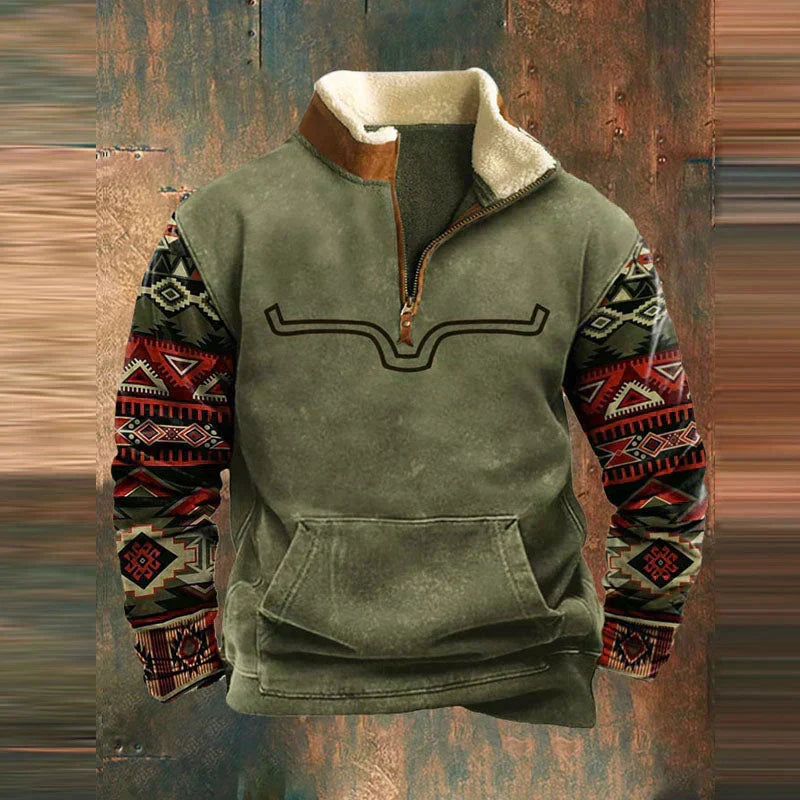Men's Quarter-Zip Fleece Pullover with Western Aztec Print Sleeves - Khaki