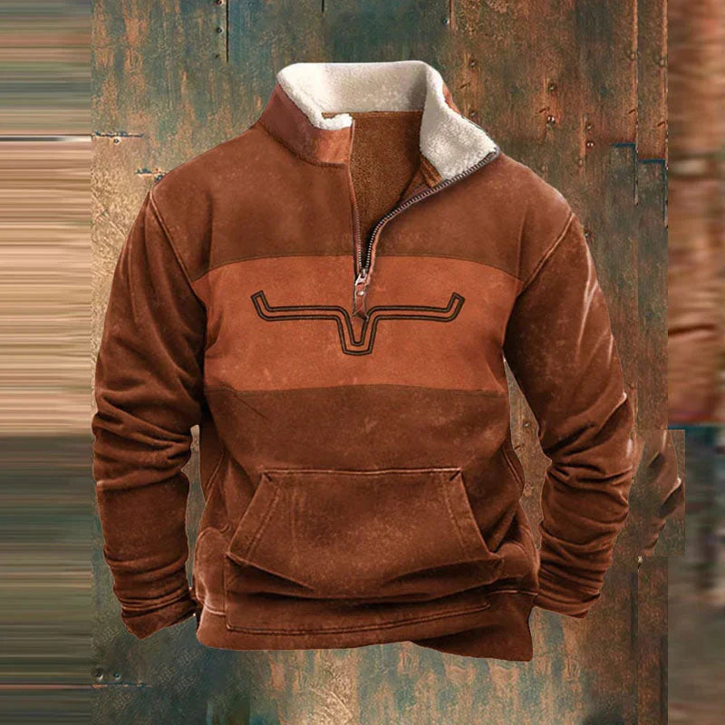 Men's Quarter-Zip Fleece Pullover with Western Aztec Print Sleeves - Khaki