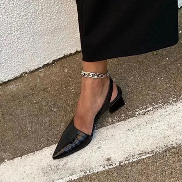 Women's Slingback Block Heel Pumps – Croc Styling with Pointed Toe Design