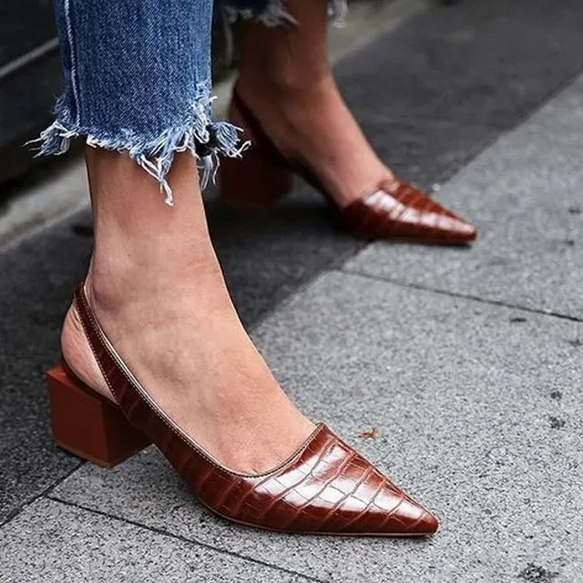 Women's Slingback Block Heel Pumps – Croc Styling with Pointed Toe Design