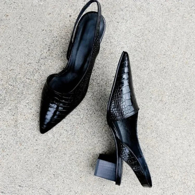 Women's Slingback Block Heel Pumps – Croc Styling with Pointed Toe Design