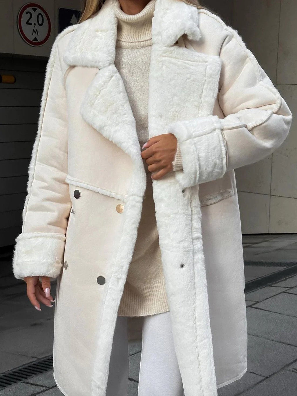 Women's Faux Shearling Coat, Oversized Suede-Look Double-Breasted Coat with Wide Lapel