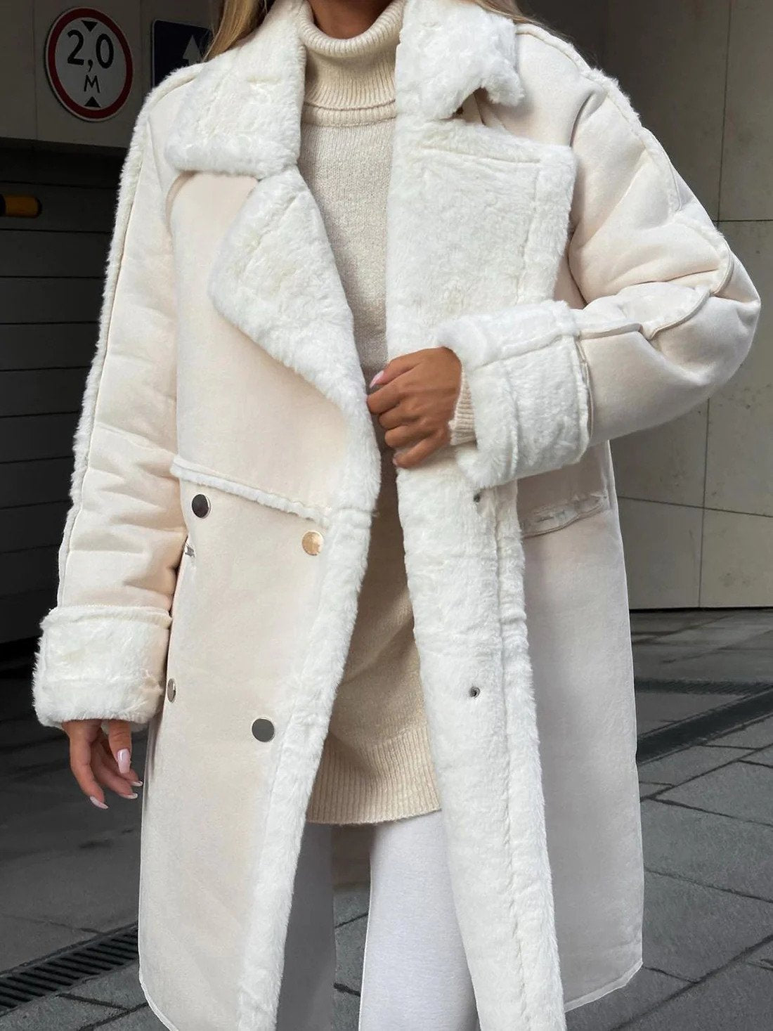 Women's Faux Shearling Coat, Oversized Suede-Look Double-Breasted Coat with Wide Lapel