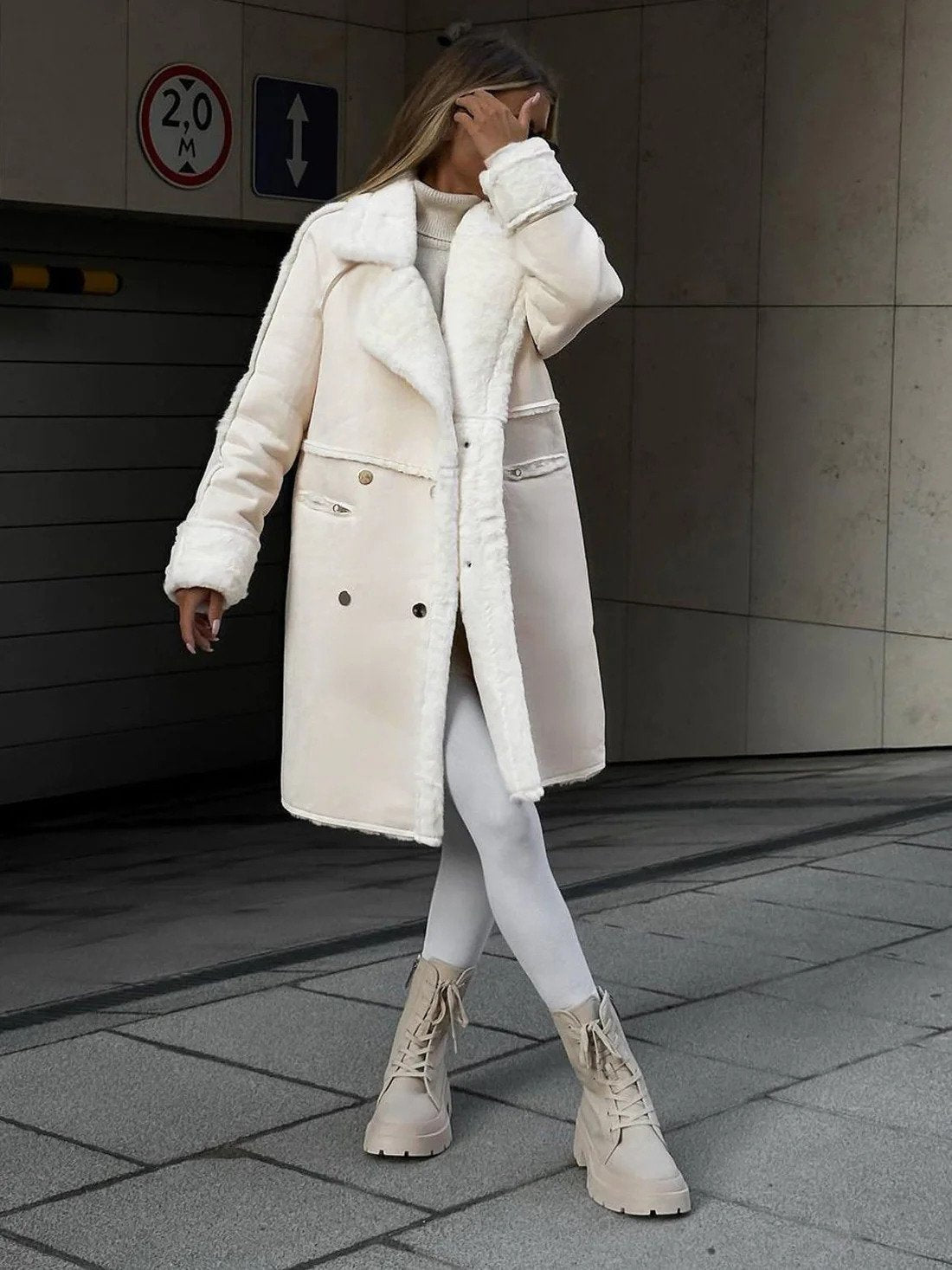 Women's Faux Shearling Coat, Oversized Suede-Look Double-Breasted Coat with Wide Lapel