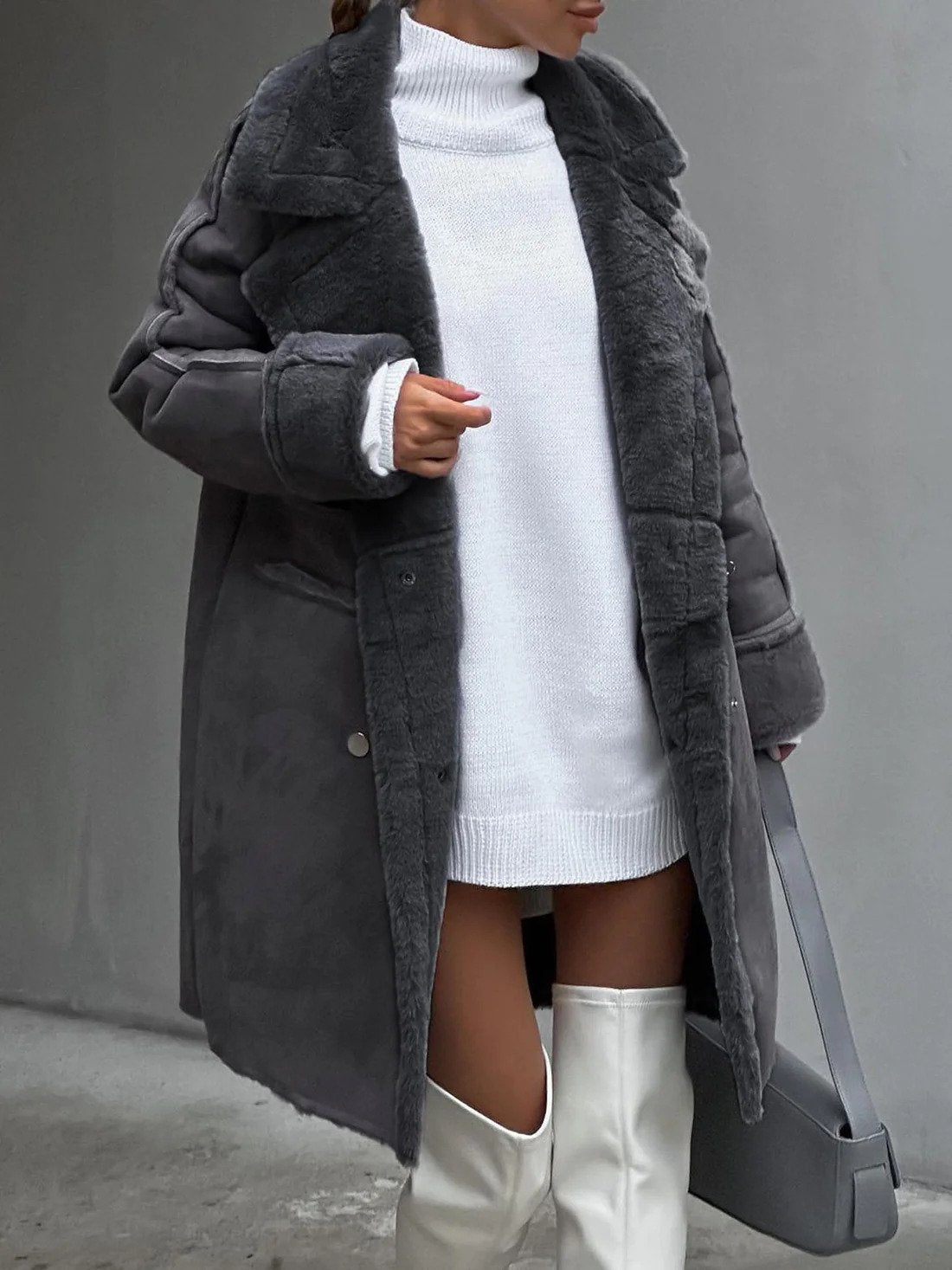 Women's Faux Shearling Coat, Oversized Suede-Look Double-Breasted Coat with Wide Lapel