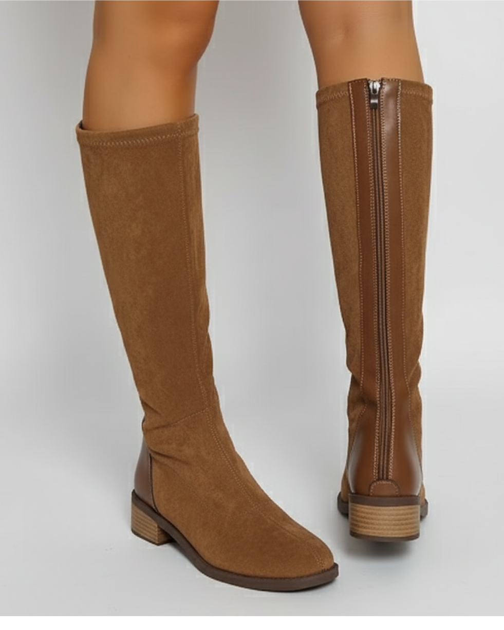Women’s Knee-High Boots – Side zip, Suede look with small block heel Cara Ldn