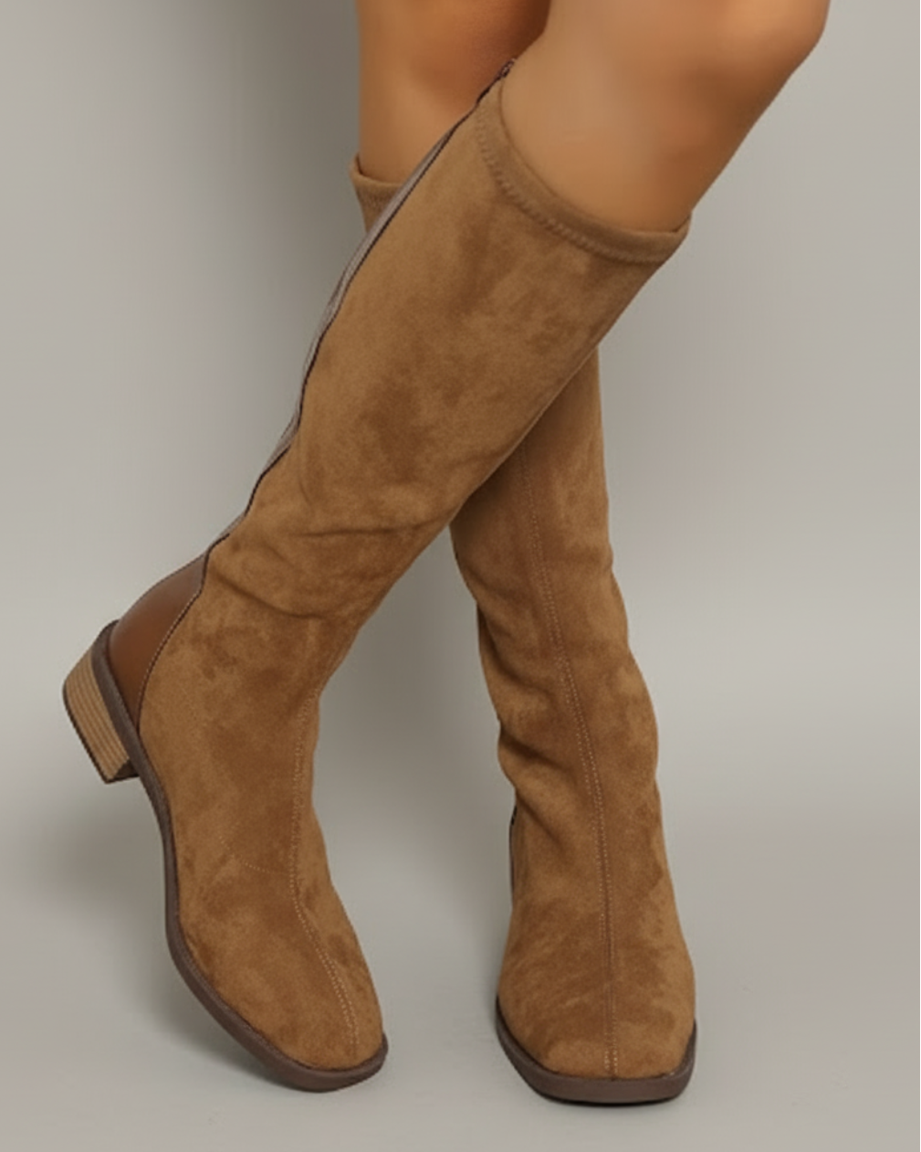 Women’s Knee-High Boots – Side zip, Suede look with small block heel Cara Ldn