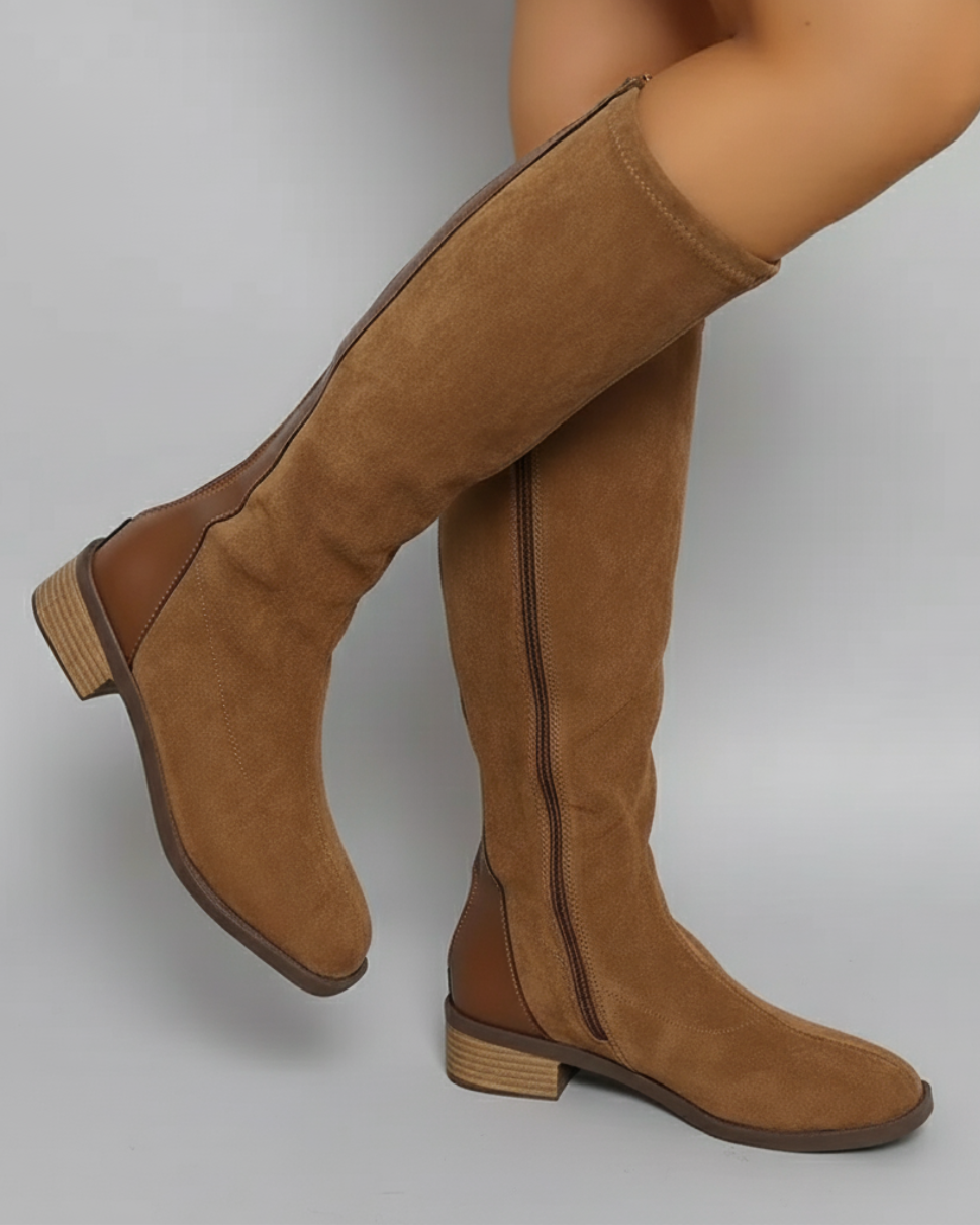 Women’s Knee-High Boots – Side zip, Suede look with small block heel Cara Ldn