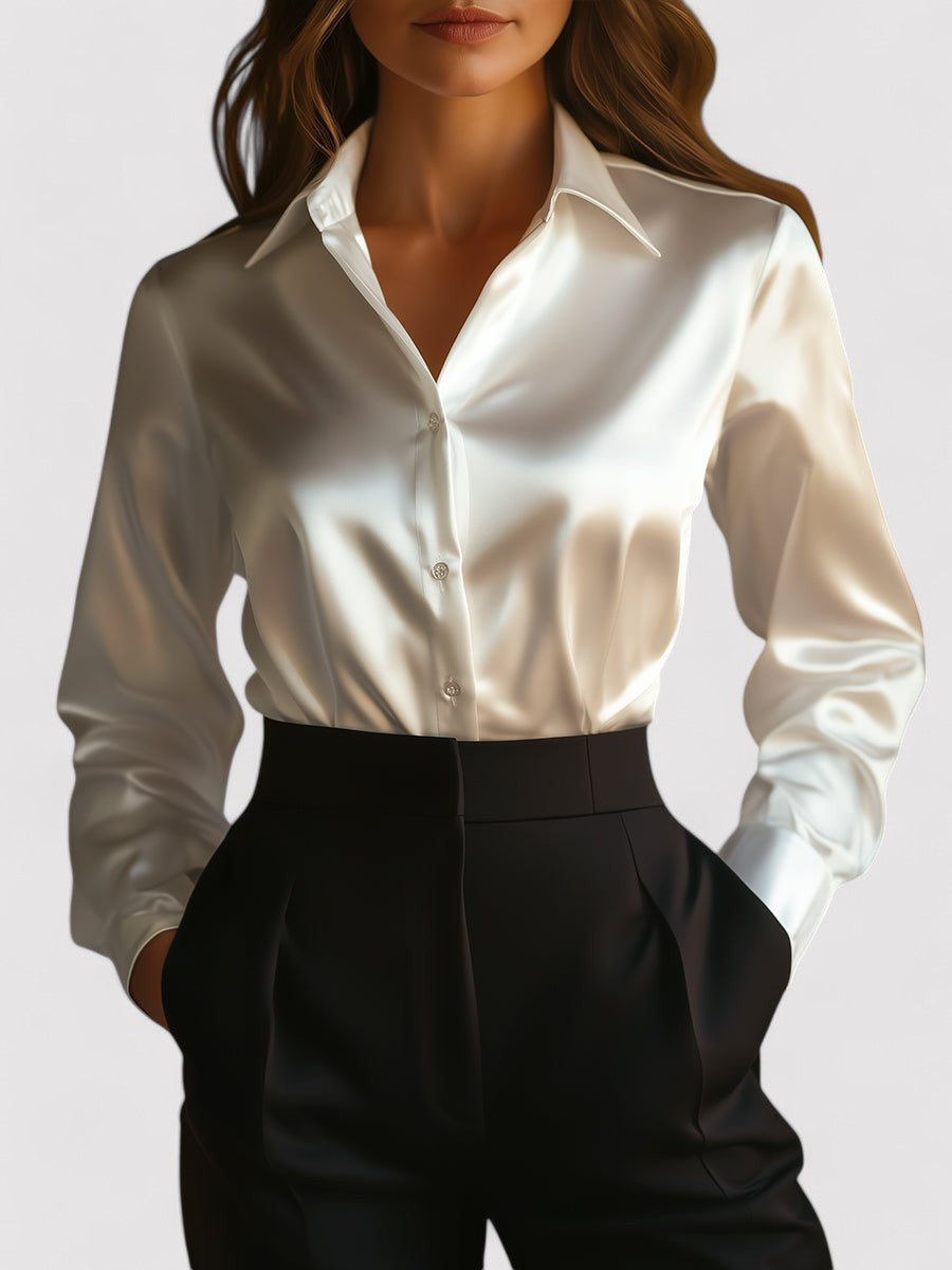 Women's Satin Long Sleeve Blouse – Elegant Button-Up Top