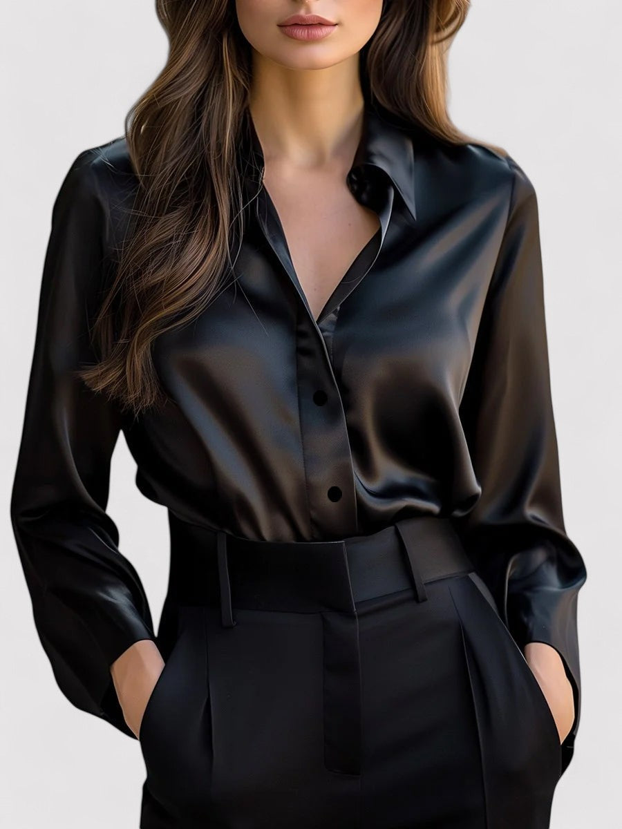 Women's Satin Long Sleeve Blouse – Elegant Button-Up Top