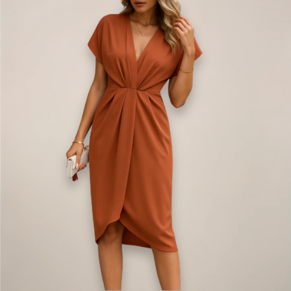 Women's Midi Wrap Dress – Elegant V-Neck Tie Waist Design