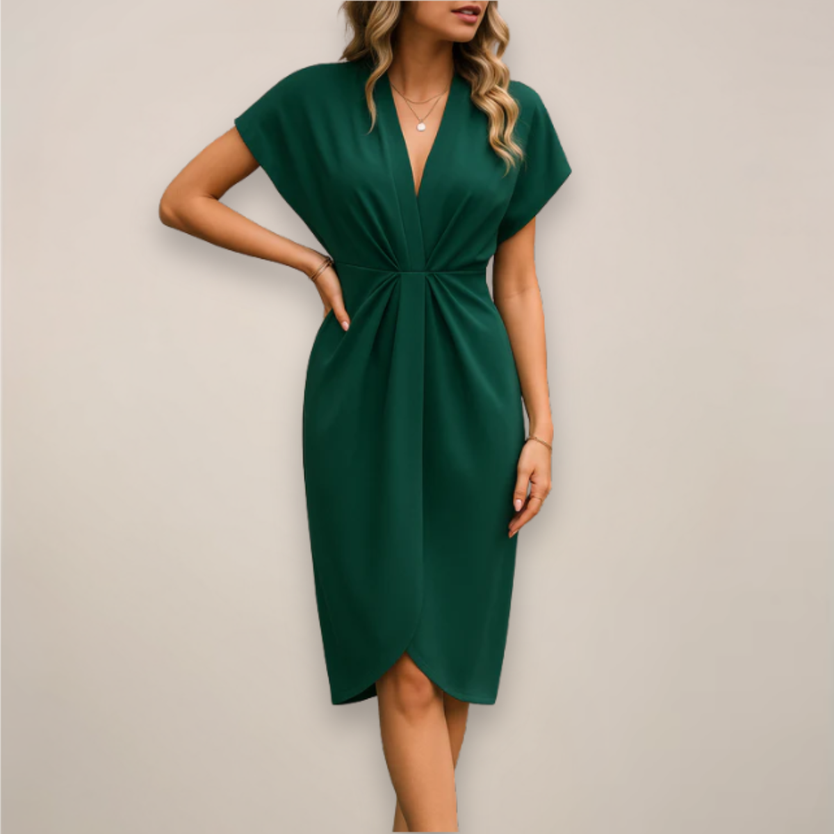 Women's Midi Wrap Dress – Elegant V-Neck Tie Waist Design