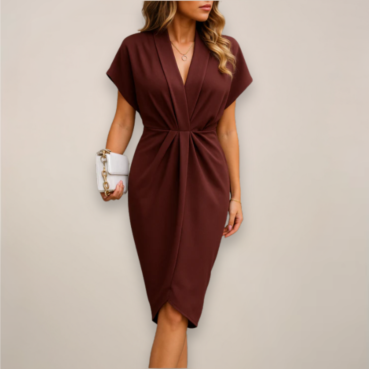 Women's Midi Wrap Dress – Elegant V-Neck Tie Waist Design
