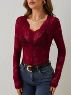 Women's V-Neck Lace Detail Top – Slim Fit Long Sleeve Design