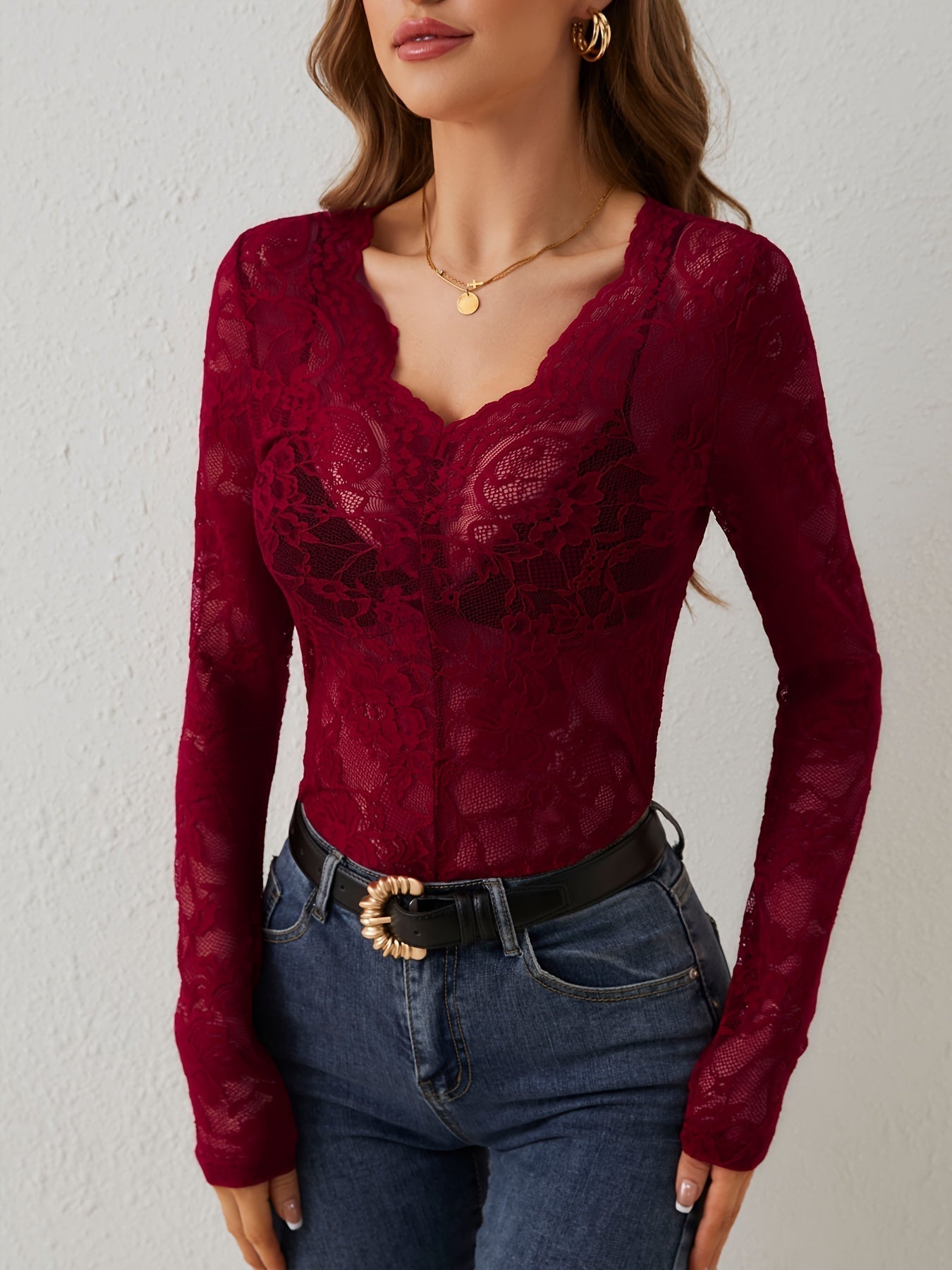 Women's V-Neck Lace Detail Top – Slim Fit Long Sleeve Design