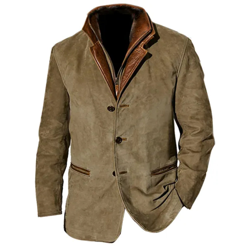 Men's Brown Suede Blazer Jacket with Leather Trim - Khaki