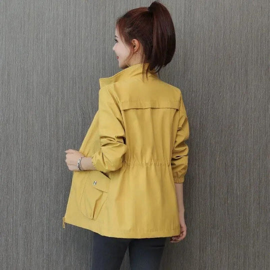 Women's Utility Jacket - Drawstring Waist Cotton Blend Coat in Yellow