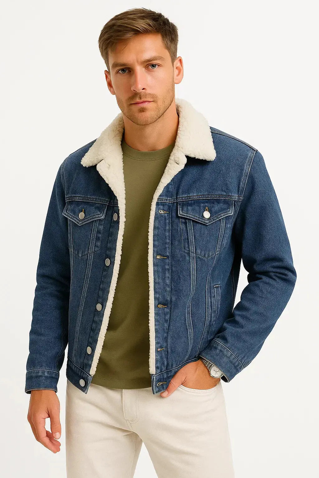 Men's Denim Jacket - Sherpa Borg Collar Fleece Lined Trucker Jacket, Blue