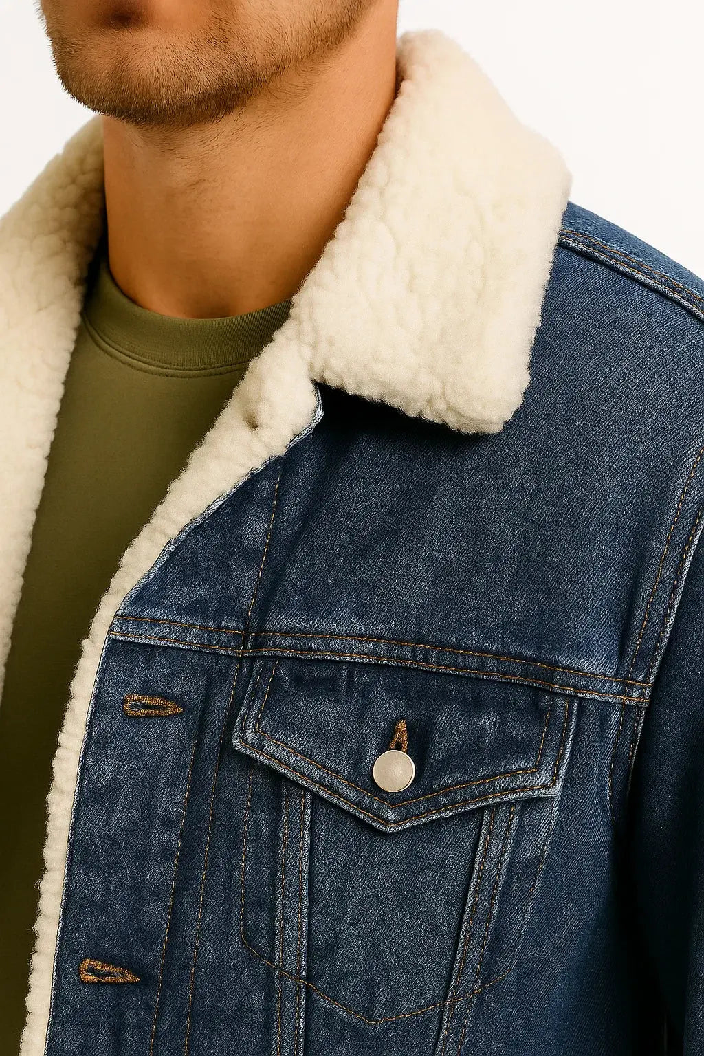 Men's Denim Jacket - Sherpa Borg Collar Fleece Lined Trucker Jacket, Blue