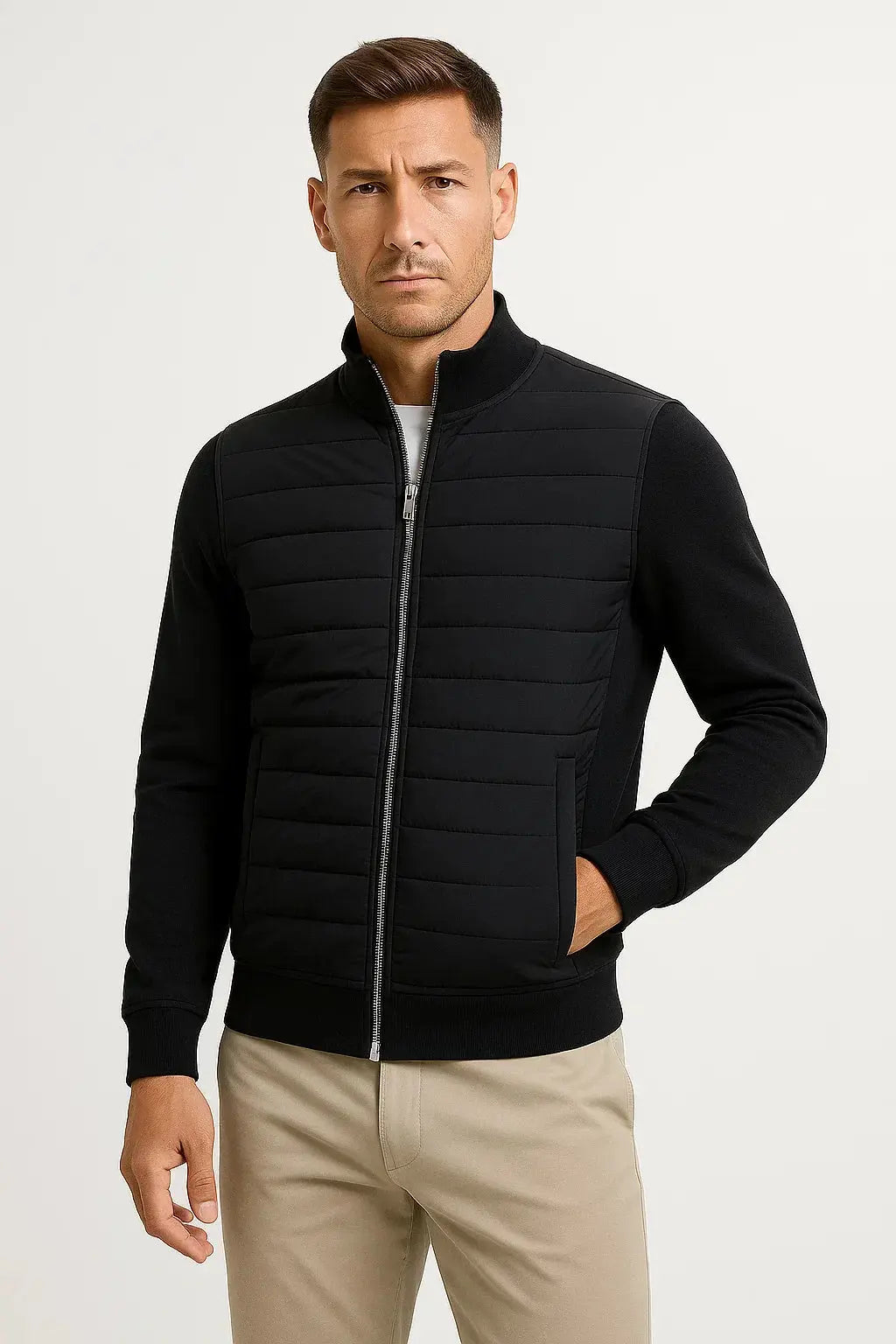 Men's Quilted Bomber Jacket with Knitted Sleeves - Black