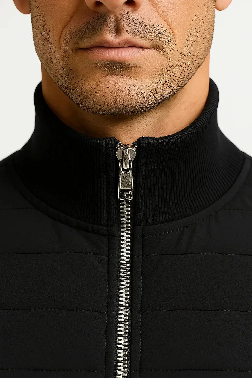 Men's Quilted Bomber Jacket with Knitted Sleeves - Black