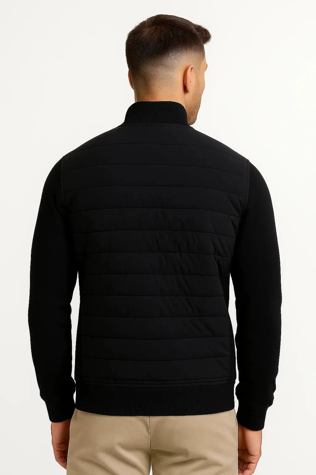 Men's Quilted Bomber Jacket with Knitted Sleeves - Black