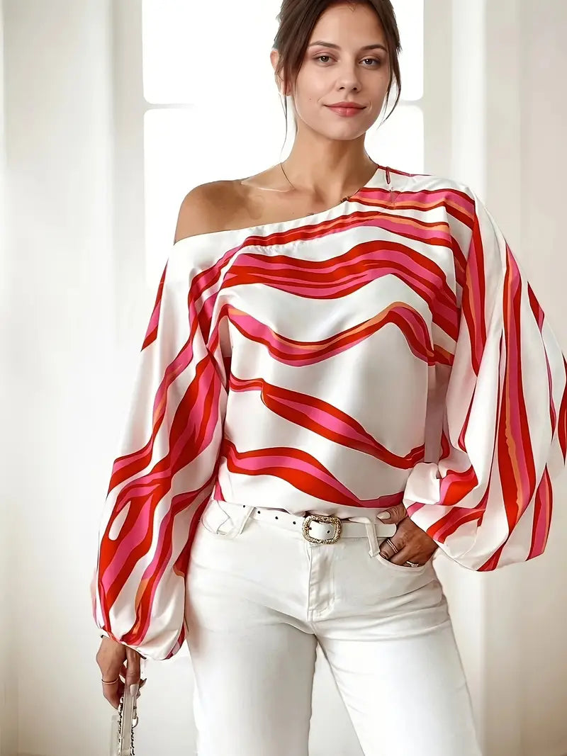 Women's One Shoulder Blouse, Satin Balloon Sleeve Top – Printed