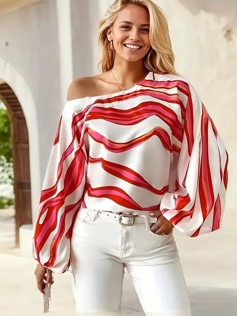 Women's One Shoulder Blouse, Satin Balloon Sleeve Top – Printed