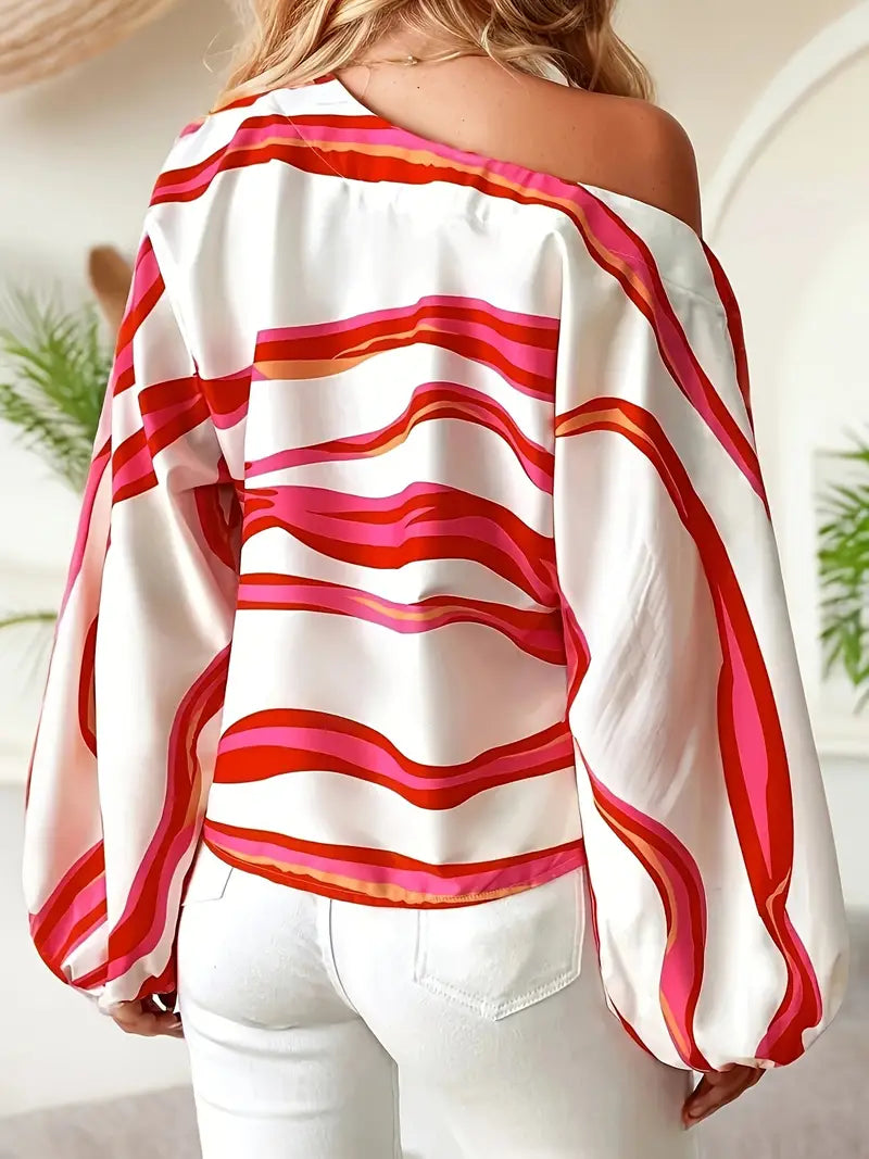 Women's One Shoulder Blouse, Satin Balloon Sleeve Top – Printed