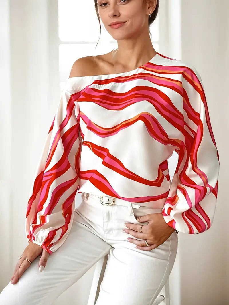 Women's One Shoulder Blouse, Satin Balloon Sleeve Top – Printed