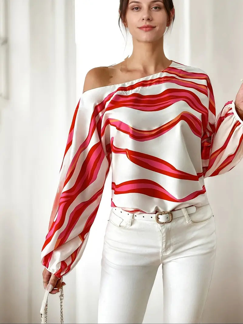 Women's One Shoulder Blouse, Satin Balloon Sleeve Top – Printed